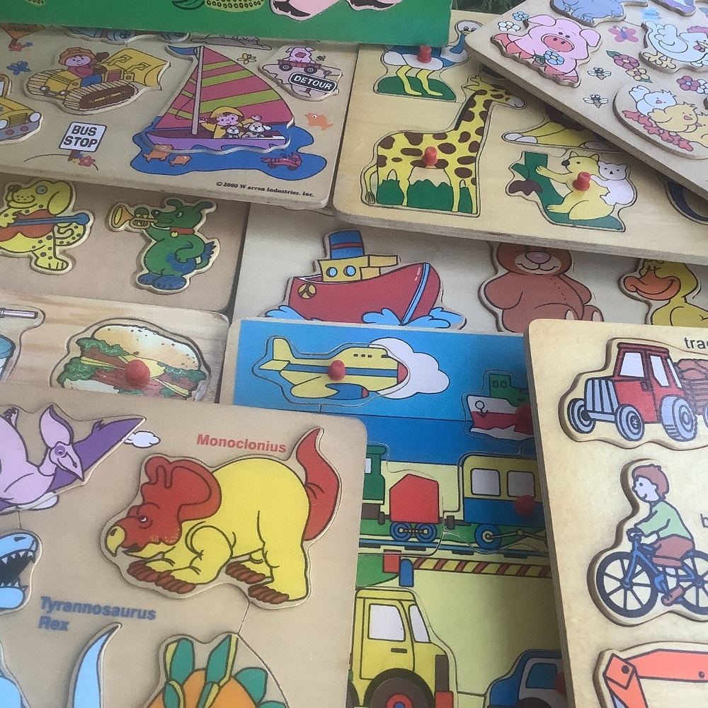 Wooden Group of 19 toy puzzles some vintage